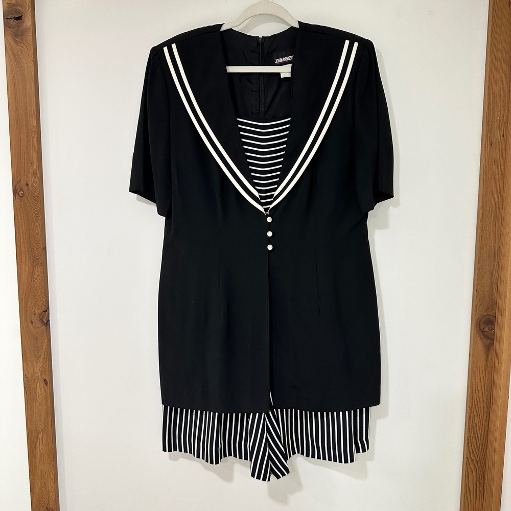 Vintage John Roberts Nautical Striped Romper Women Size 13/14 Black White Sailor